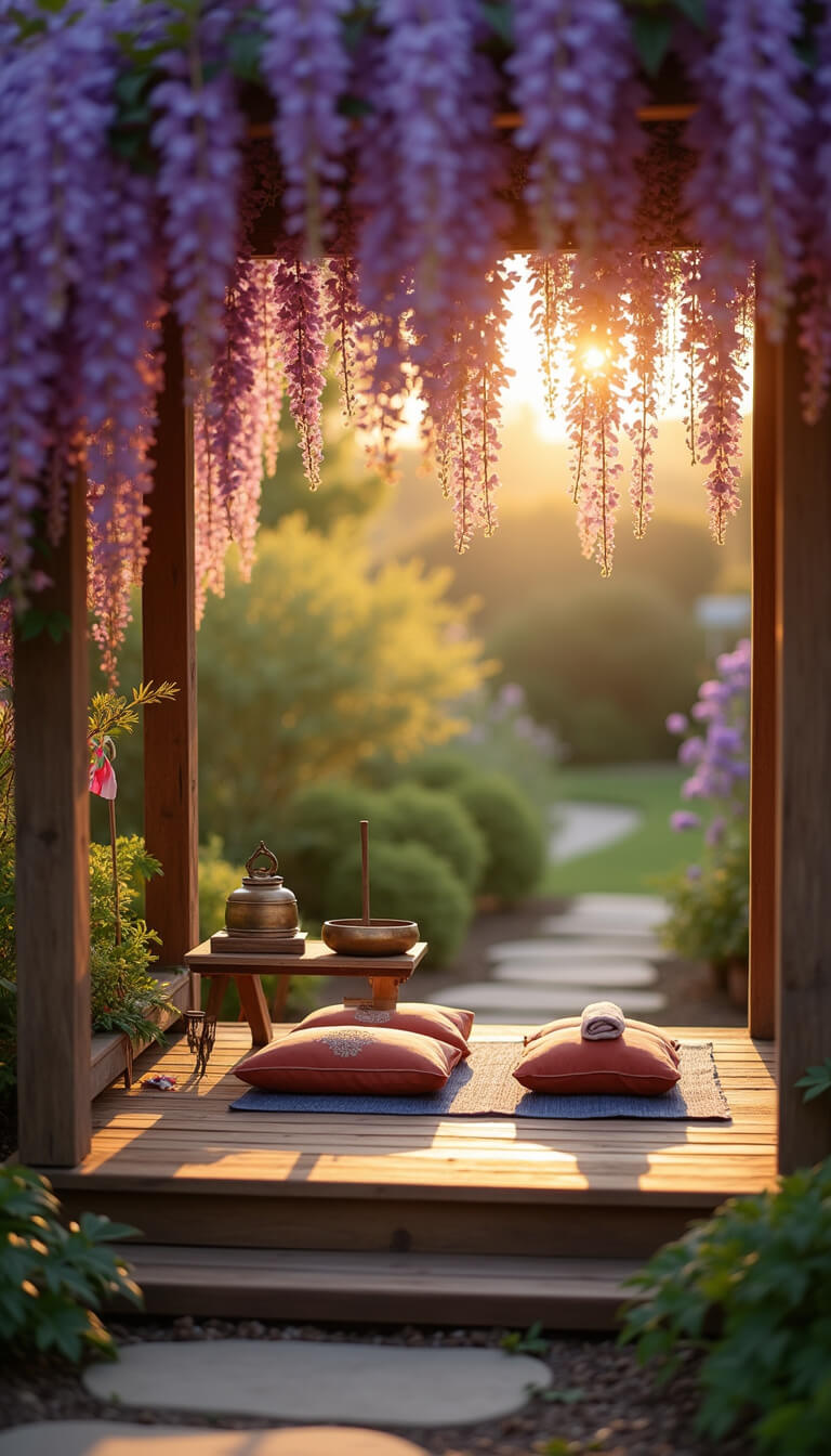 Meditation nook beneath blooming wisteria with floor cushions, singing bowls, incense holders, prayer flags, and wind chimes on a wooden platform.