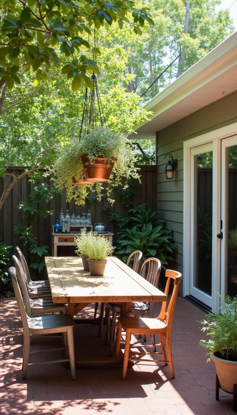 Sunlit brunch patio with reclaimed brick flooring, vintage chairs, wooden table, hanging copper herb planters, and a styled bar cart for a cozy outdoor vibe.