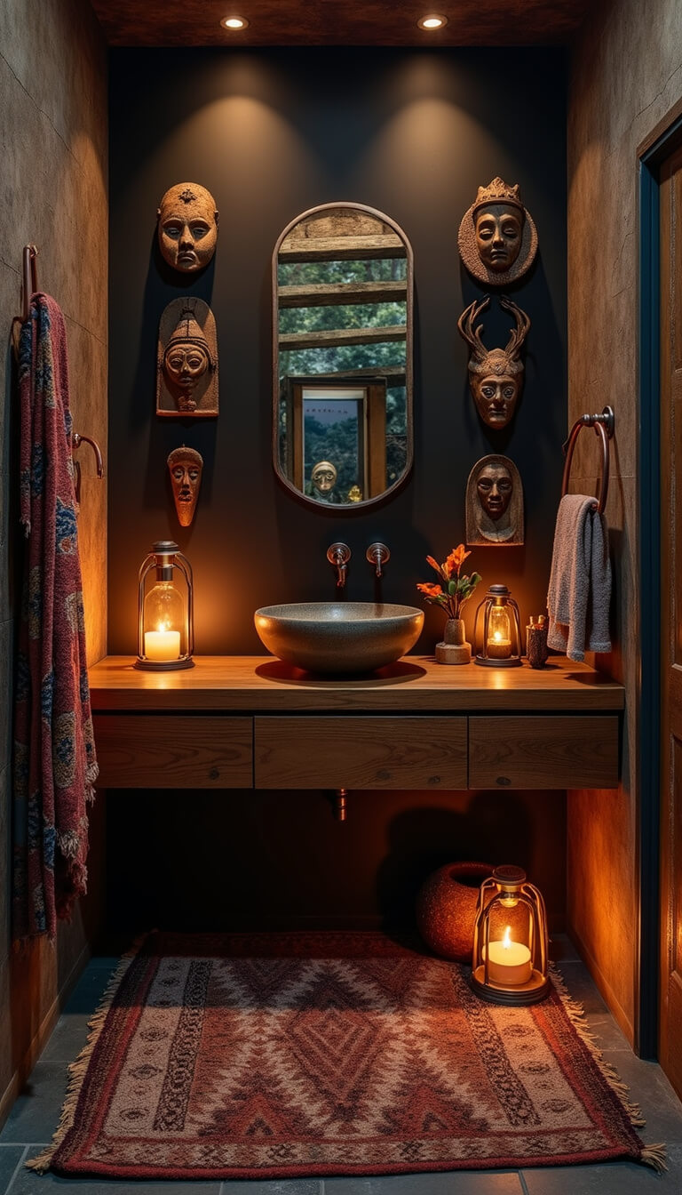 Intimate bathroom at dusk with hurricane lanterns, black accent wall adorned with tribal masks and woven platters, reclaimed teak floating vanity with ceramic sink, vintage kilim rug on slate floor, and copper pipe towel rack with handwoven textiles.