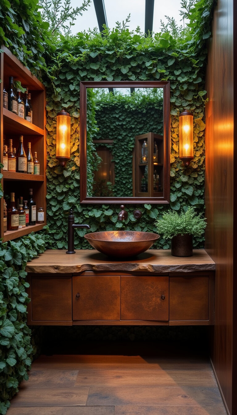 Evening bathroom featuring live-edge wood vanity, hammered copper sink, vertical garden wall, ceramic sconces, and vintage apothecary bottles reflected in a mirror.