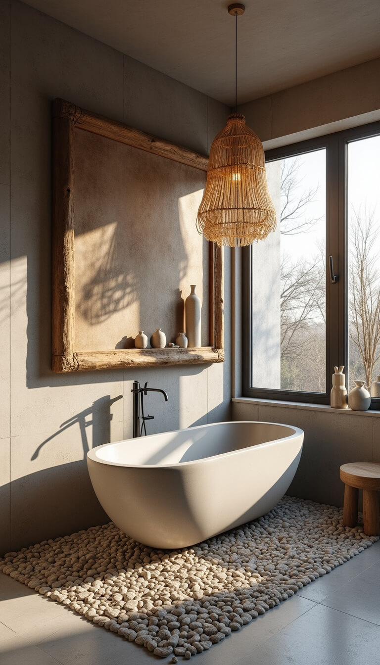 Airy bathroom with floor-to-ceiling windows, concrete soaking tub on pebble mosaic floor, large carved wooden mirror, ceramic vessels on floating shelves, and woven grass pendant lights casting morning shadows.
