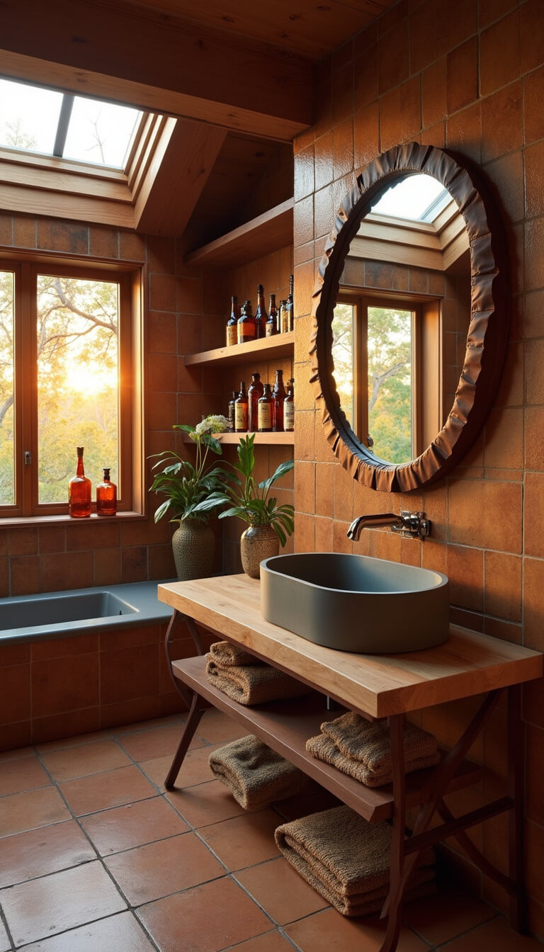 Moody bathroom at sunset with earth-toned zellige tile feature wall, bleached oak vanity with concrete sink, vintage amber bottles on backlit shelves, and a round leather-wrapped mirror reflecting golden hour light.