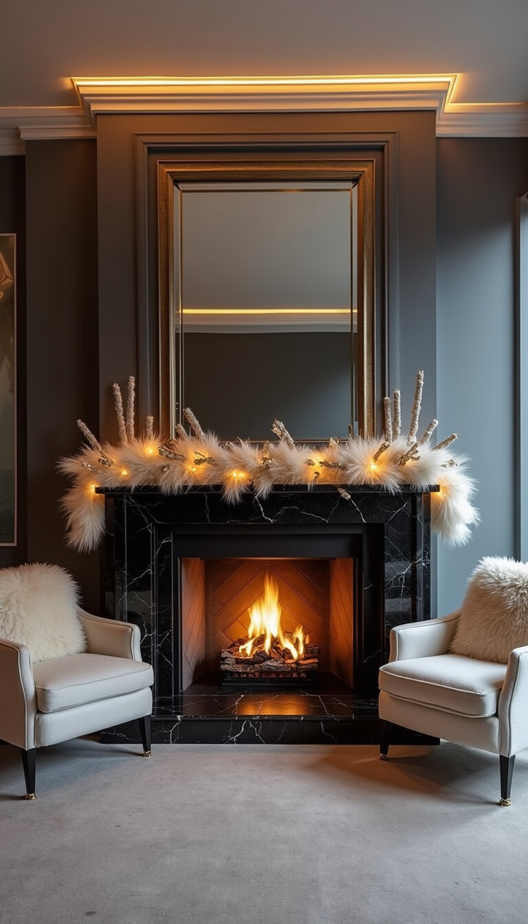 Modern penthouse fireplace with black marble surround, minimalist white garland, ghost chairs with faux fur throws, oversized mirror reflecting city lights, and ambient LED lighting.