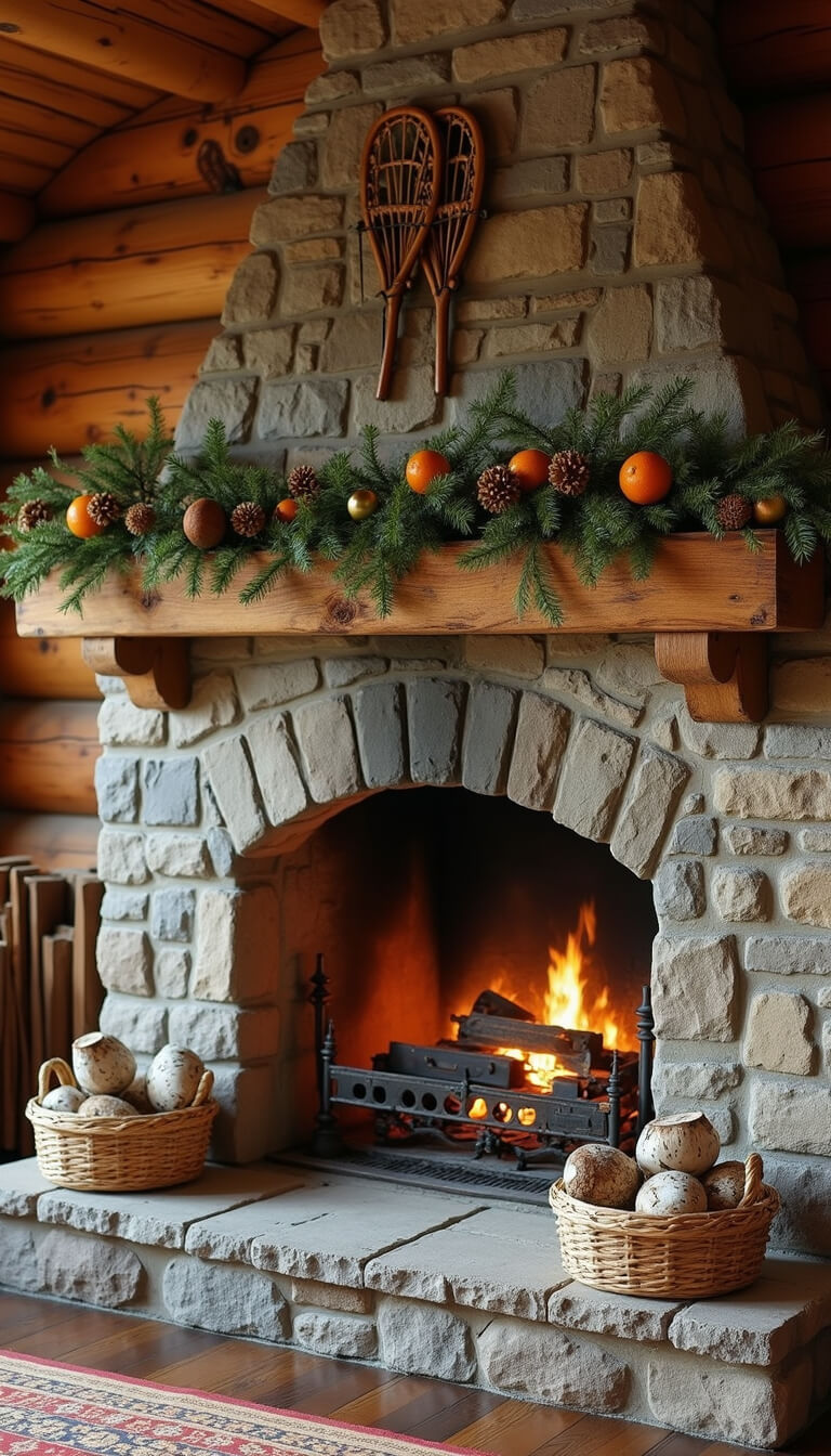Rustic stone fireplace with wooden mantel decorated with pine garland, dried orange slices, cinnamon sticks; birch log baskets, vintage snowshoes, and ice skates enhance cozy cabin ambiance.