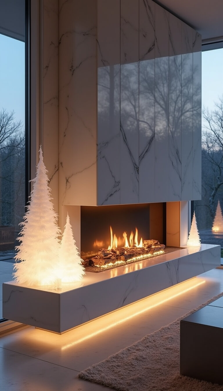 Contemporary floating fireplace at twilight with backlit white marble surround, frosted garland, glass trees, and dramatic LED lighting.