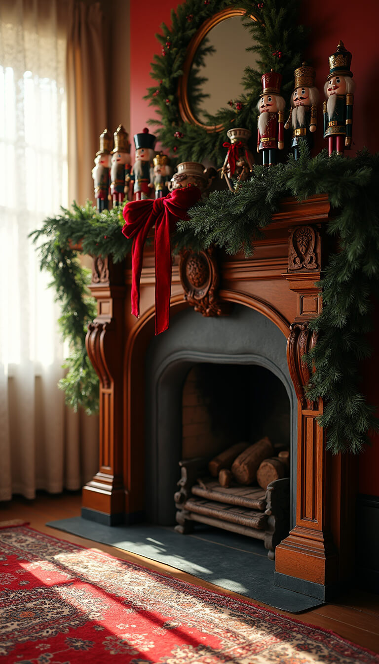 Victorian-style parlor with ornate fireplace, cedar garland with velvet ribbon, nutcrackers, lace curtains, and jewel-toned rug.