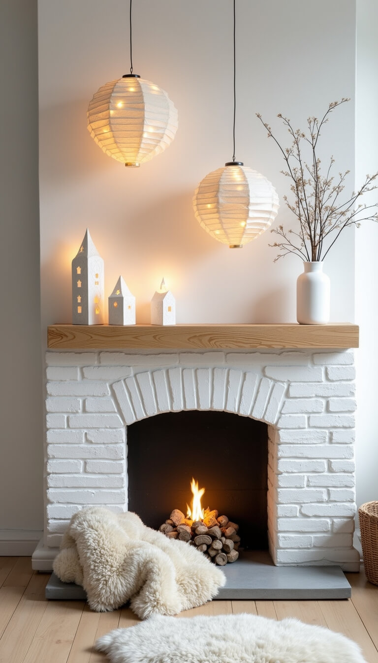 Scandinavian minimalist fireplace with white brick, blonde wood mantel, paper star lanterns, ceramic LED houses, and sheepskin throws on concrete hearth.