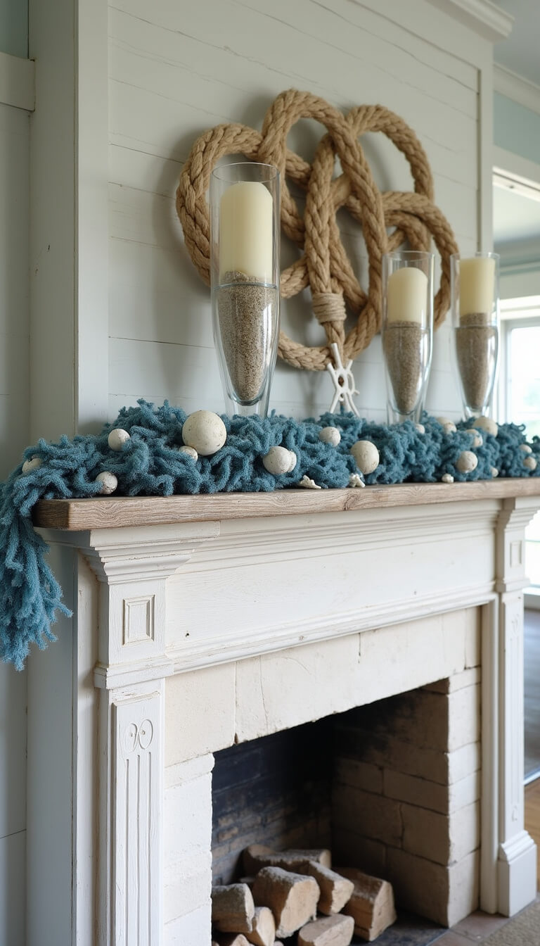 Coastal cottage fireplace with whitewashed stone and driftwood mantel, decorated with blue and silver garland, starfish, sand-filled glass hurricanes, and rope-wrapped driftwood art.