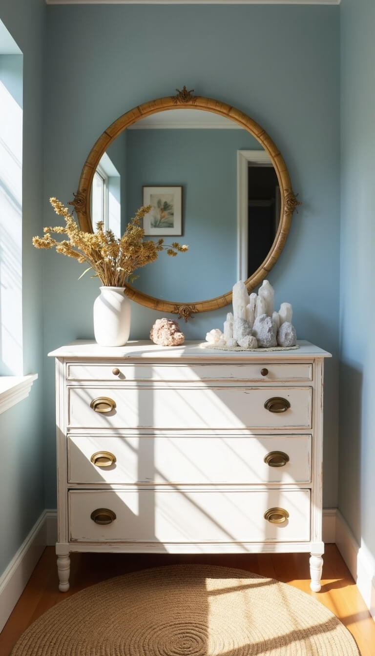 Sunlit corner with a vintage white dresser, brass knobs, bamboo-framed round mirror, crystals, dried flowers on lace, and a jute rug over blue walls.