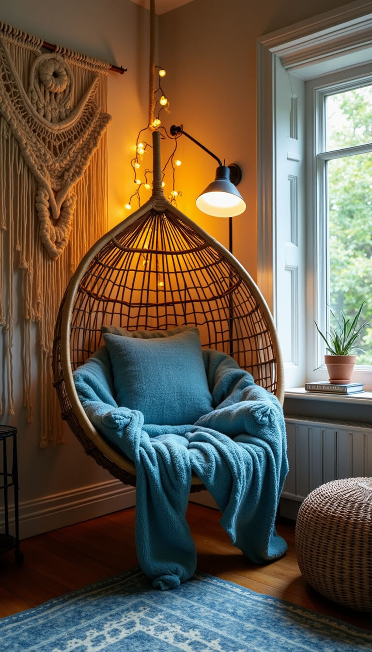 Cozy reading nook with rattan peacock chair, blue throws, vintage floor lamp, macramé wall hanging with string lights, and layered blue rugs.