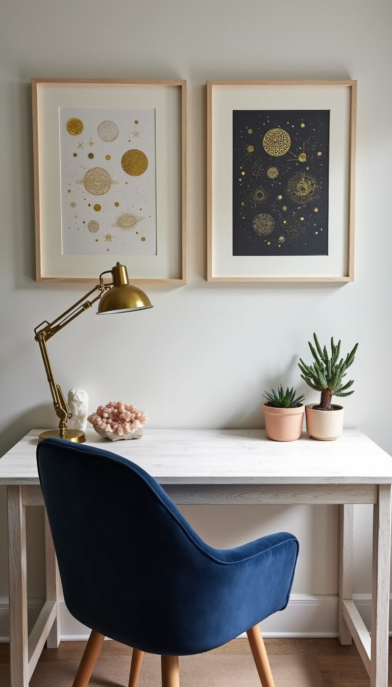 Whitewashed wooden desk with brass lamp, celestial art prints on gallery wall, navy velvet chair, crystal clusters, and potted succulents in natural light.
