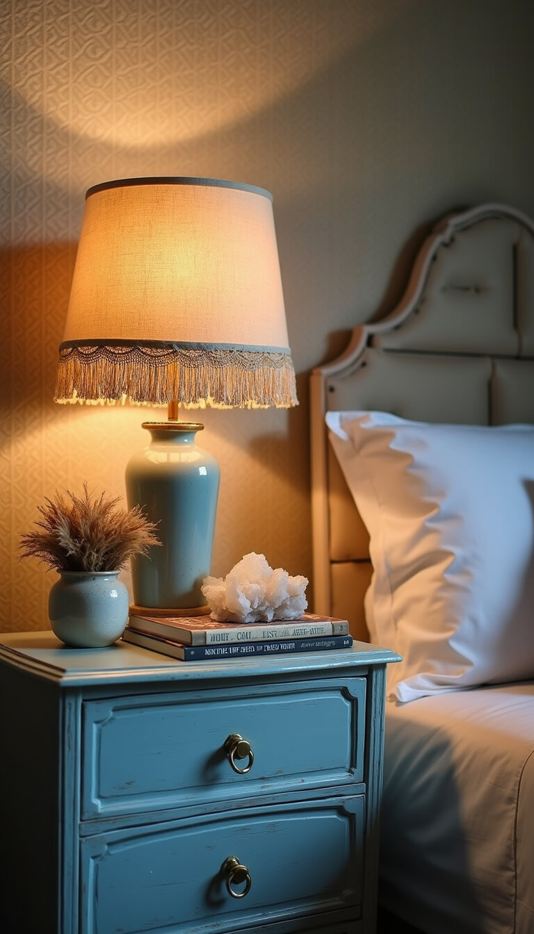 Vintage blue nightstand with boho lamp, art books, crystals, and pampas grass against geometric wallpaper in warm evening light.