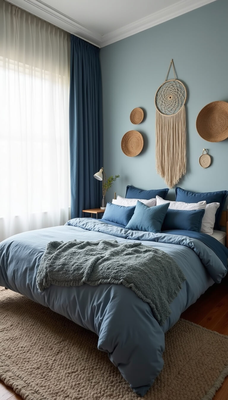 Cozy bedroom with layered blue bedding, oversized dream catcher above the bed, woven wall baskets, and soft natural light through sheer curtains.