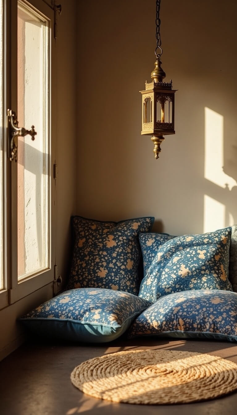 Meditation nook with blue patterned floor cushions, brass lantern casting shadows, circular jute rug, bathed in warm afternoon light.