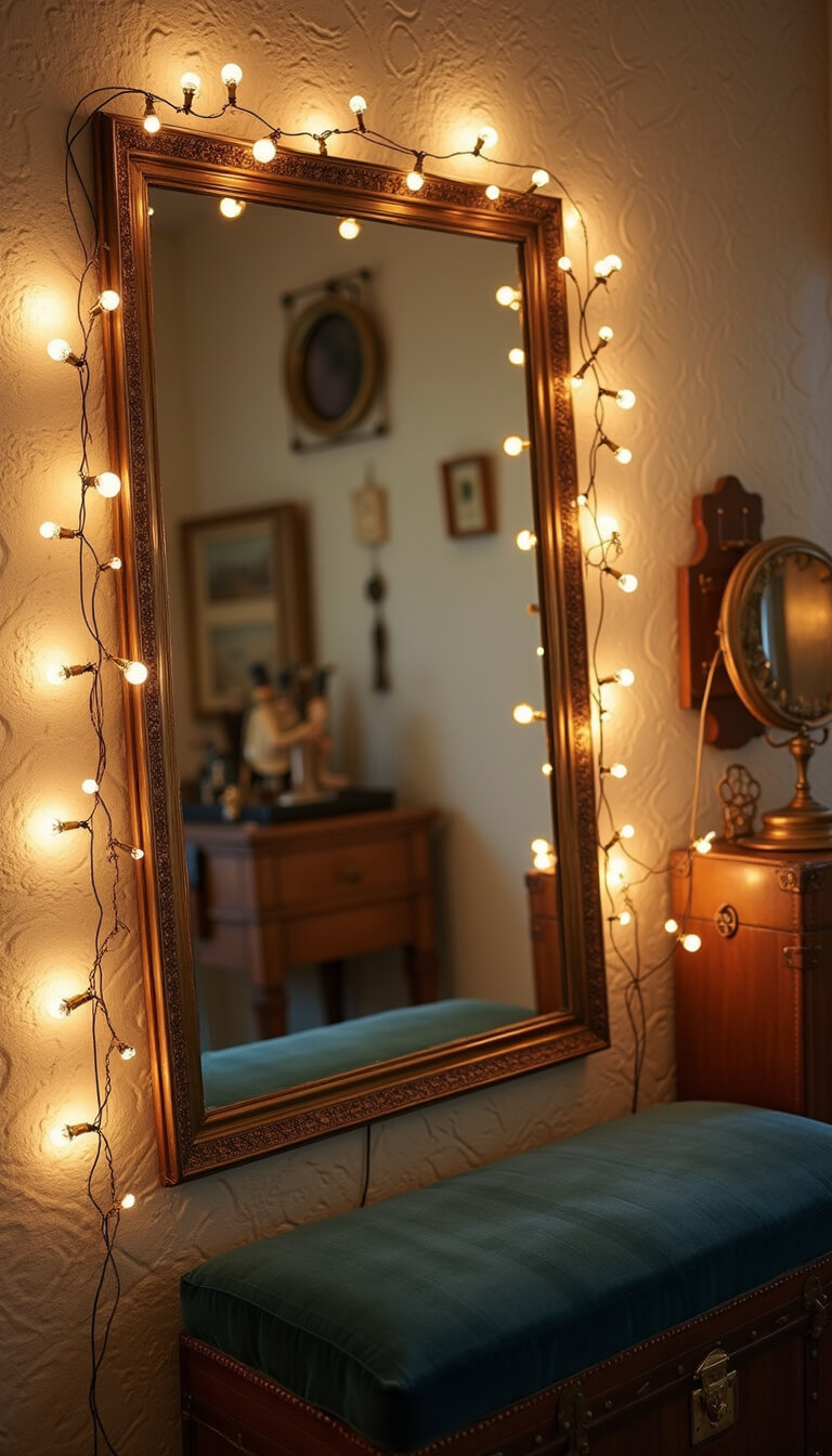 Dressing area with antique mirror wrapped in string lights, vintage trunk seat with blue velvet cushion, and warm lighting highlighting brass accents against ivory wallpaper.