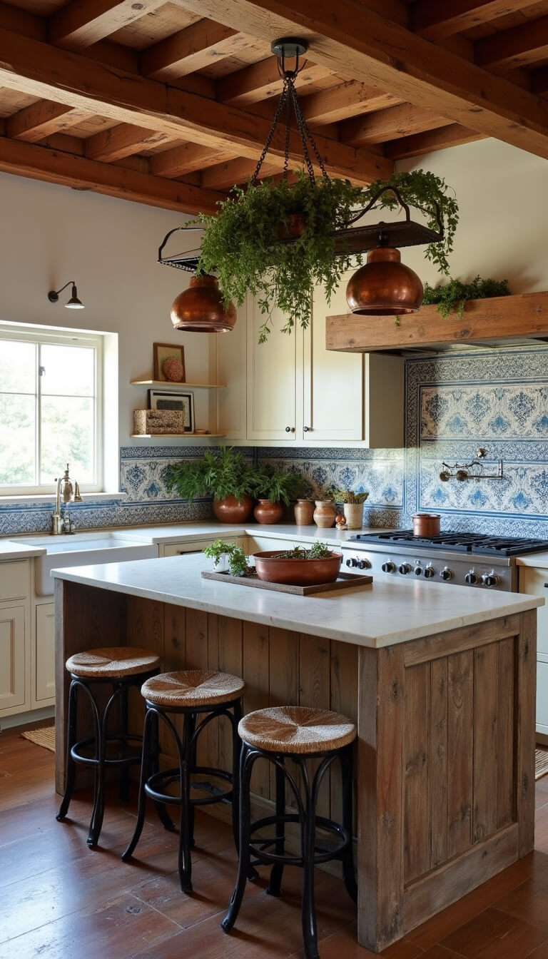Mediterranean kitchen with exposed wooden beams, farmhouse sink, blue and white tile backsplash, distressed wood island, copper cookware, and wrought iron stools.