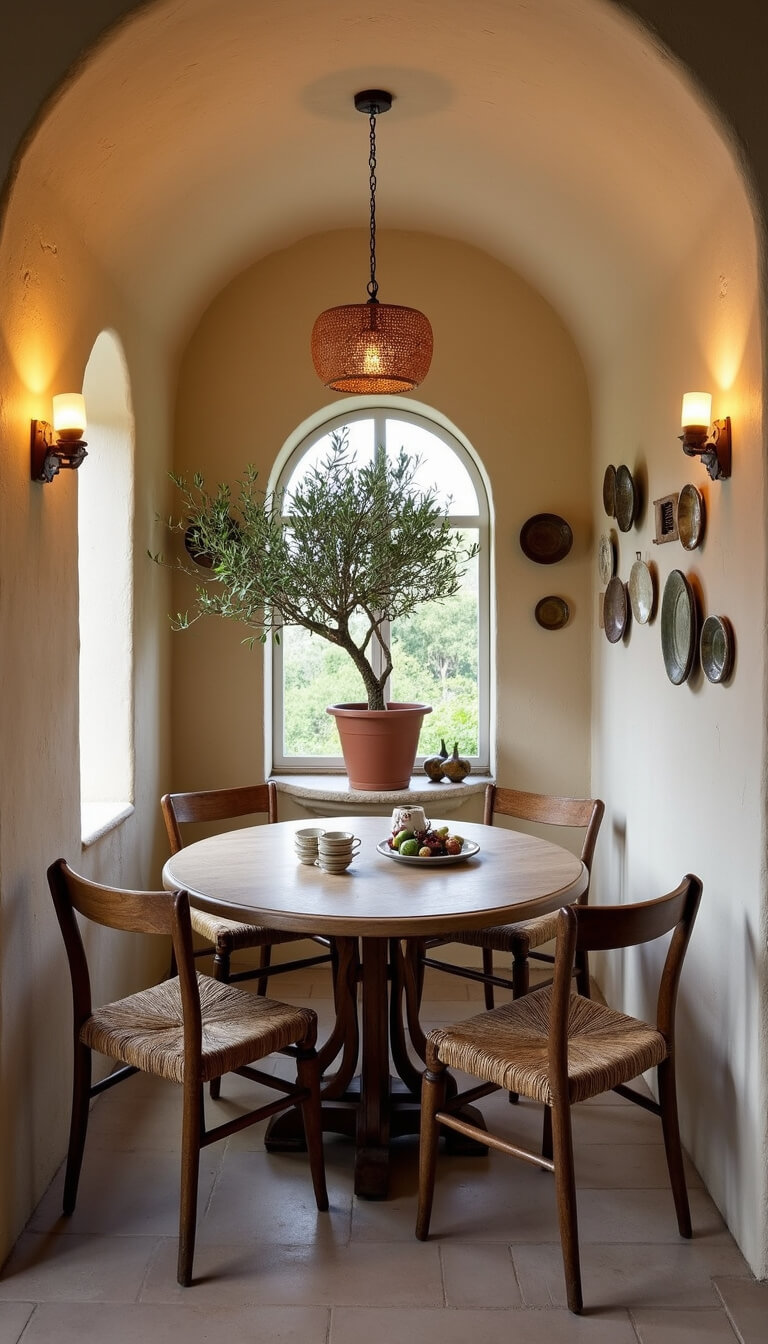 Cozy Mediterranean dining area with round oak table, rush-seated chairs, cream plaster walls adorned with decorative plates, olive tree near arched window, and warm lighting from brass sconces and woven pendant under vaulted ceiling.