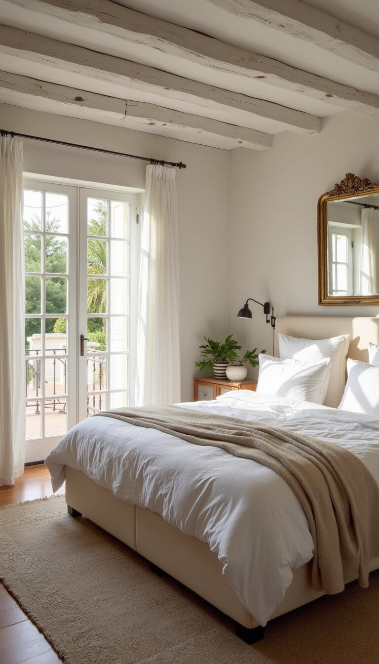 Mediterranean bedroom with white linen bedding, soft natural light, French doors opening to a Juliet balcony, vintage mirror, handwoven rugs, and whitewashed ceiling beams.