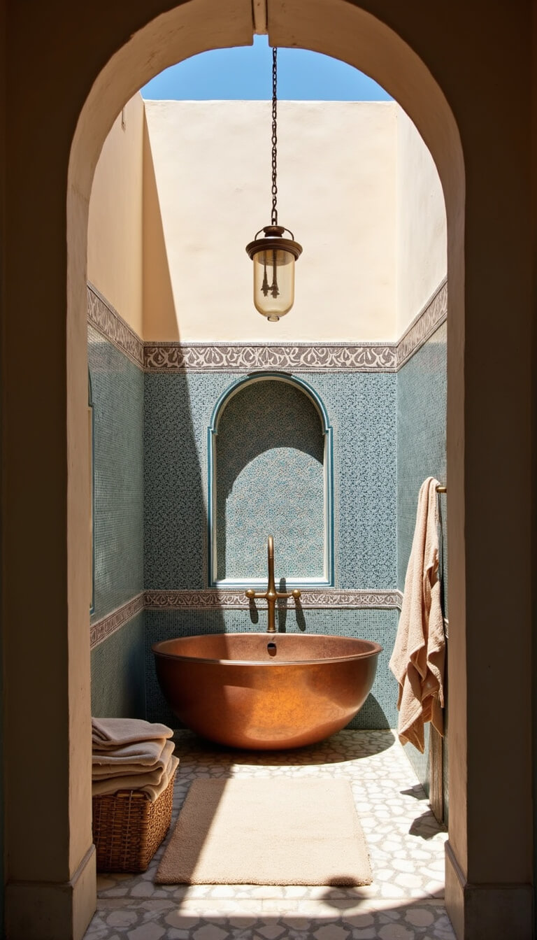 Mediterranean bathroom featuring blue zellige tile walls, copper soaking tub beneath a skylight, brass fixtures, and Turkish towels illuminated by natural light.