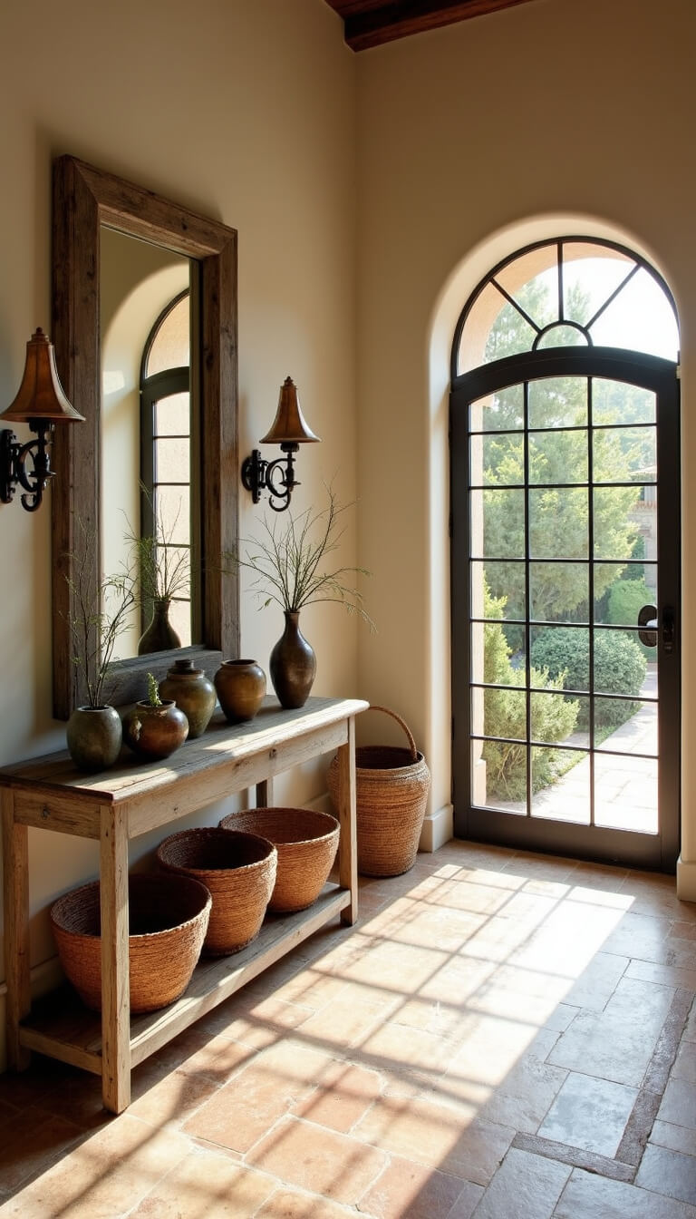 Mediterranean entryway with arched iron-framed glass door, terracotta and limestone flooring, vintage console table, woven baskets, mirror, and wrought iron sconces bathed in morning light.