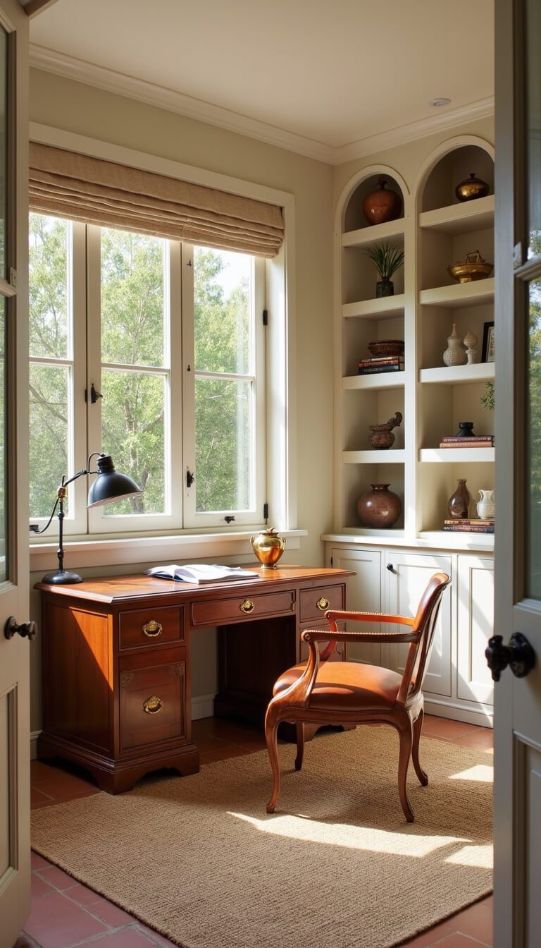 Mediterranean-style home office with warm white built-ins, antique desk, leather chair, and afternoon sunlight filtering through olive trees.
