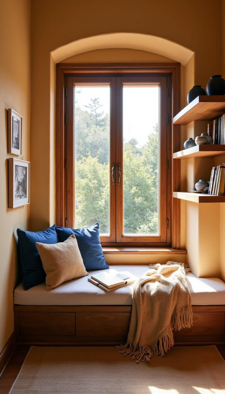 Inviting Mediterranean reading nook with indigo-cushioned window seat, warm golden light, wooden shelves filled with ceramics, and a handwoven throw.