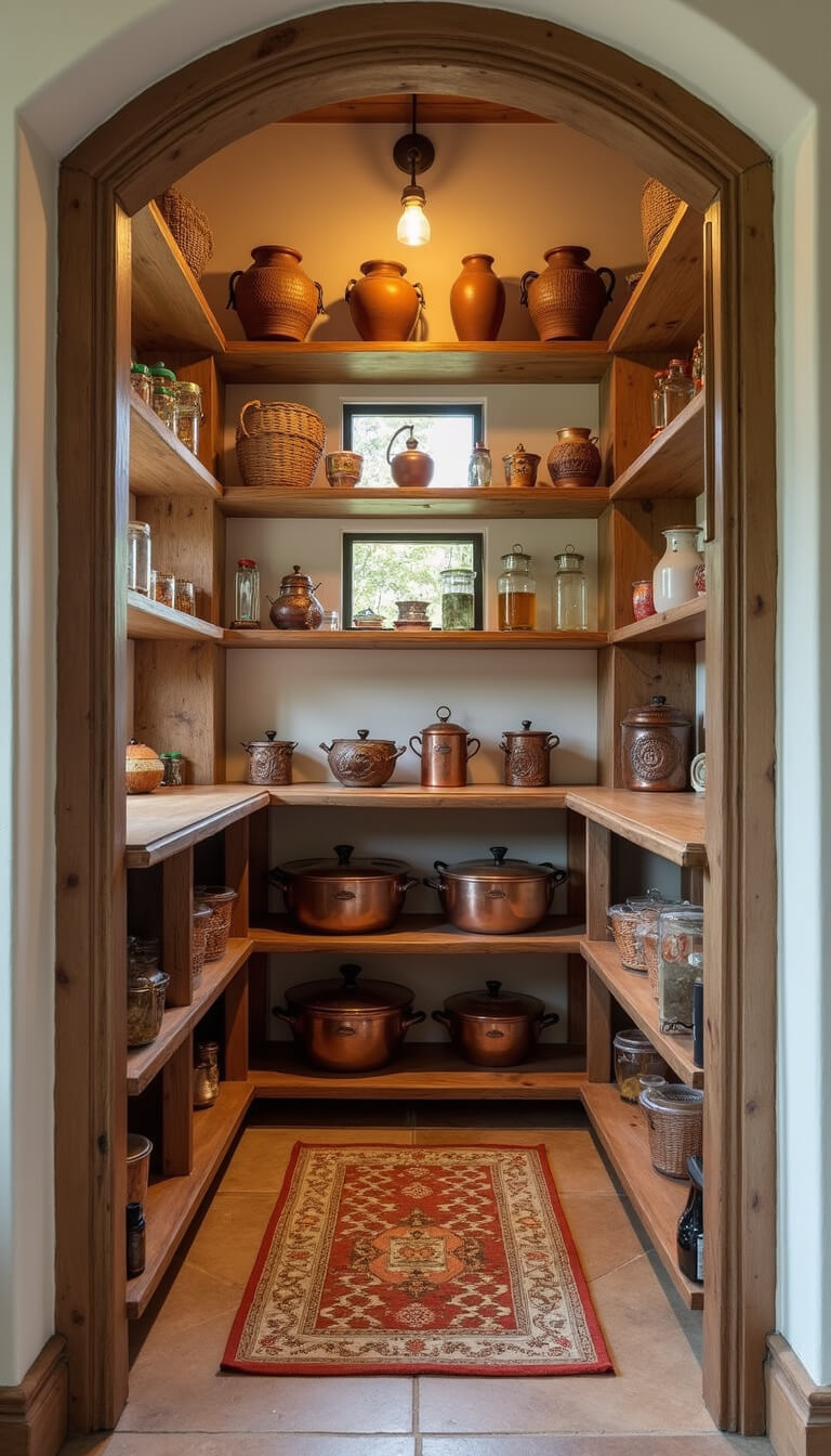 Mediterranean pantry with raw wood shelving holding terracotta pots, woven baskets, glass jars, copper cookware, limestone flooring, and soft natural lighting.
