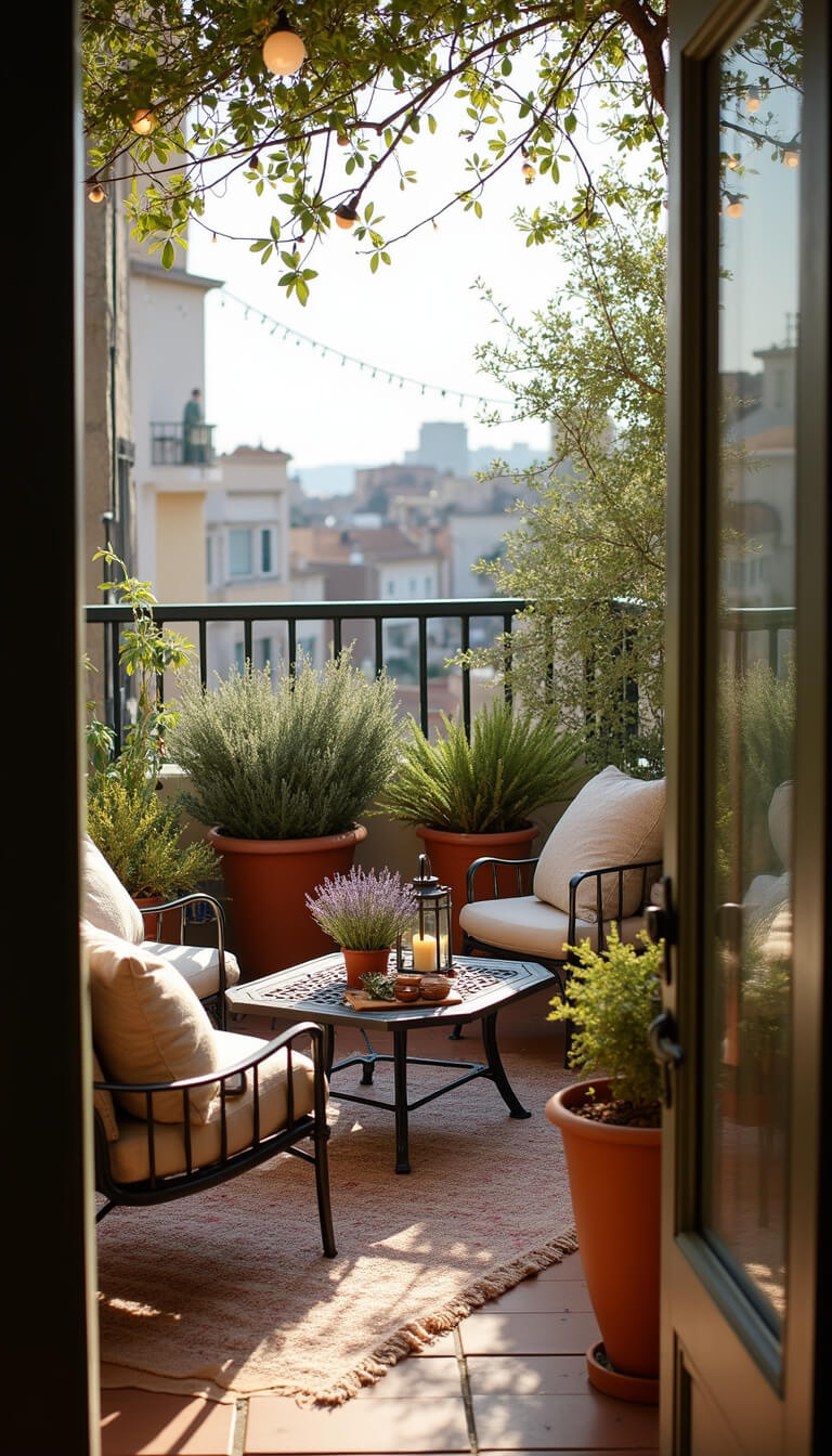 Mediterranean balcony lounge with wrought iron furniture, plush neutral cushions, terracotta pots filled with lavender and olive trees, vintage lanterns, and string lights glowing in late afternoon light.