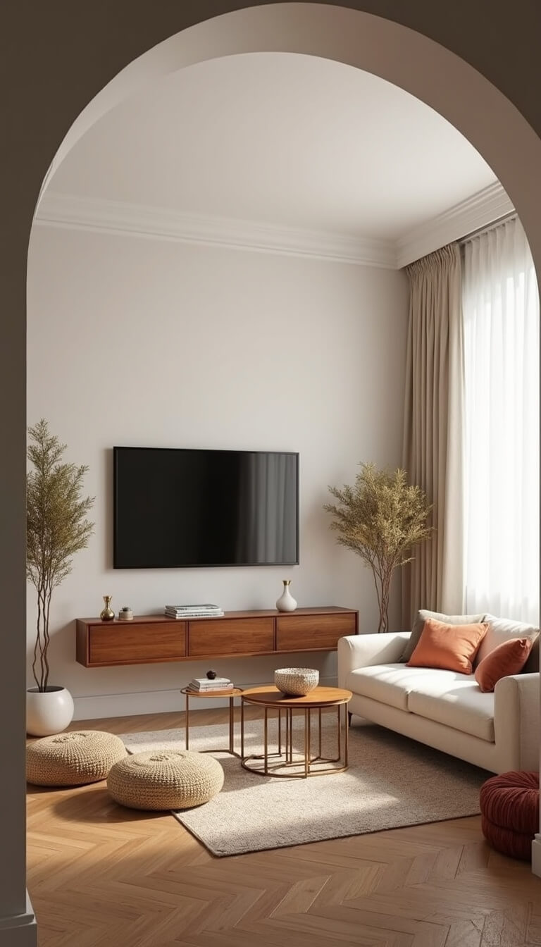 Bright 11x13ft living room with cream bouclé sofa, walnut floating media console, herringbone flooring, rattan poufs, brass nesting tables, and warm terracotta accents under natural light.
