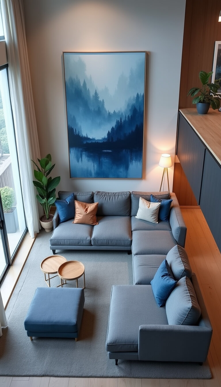 13x15ft open-plan living room at twilight with modular gray sectional, large blue-and-white artwork, smart furniture, and cool-toned decor accented with copper.