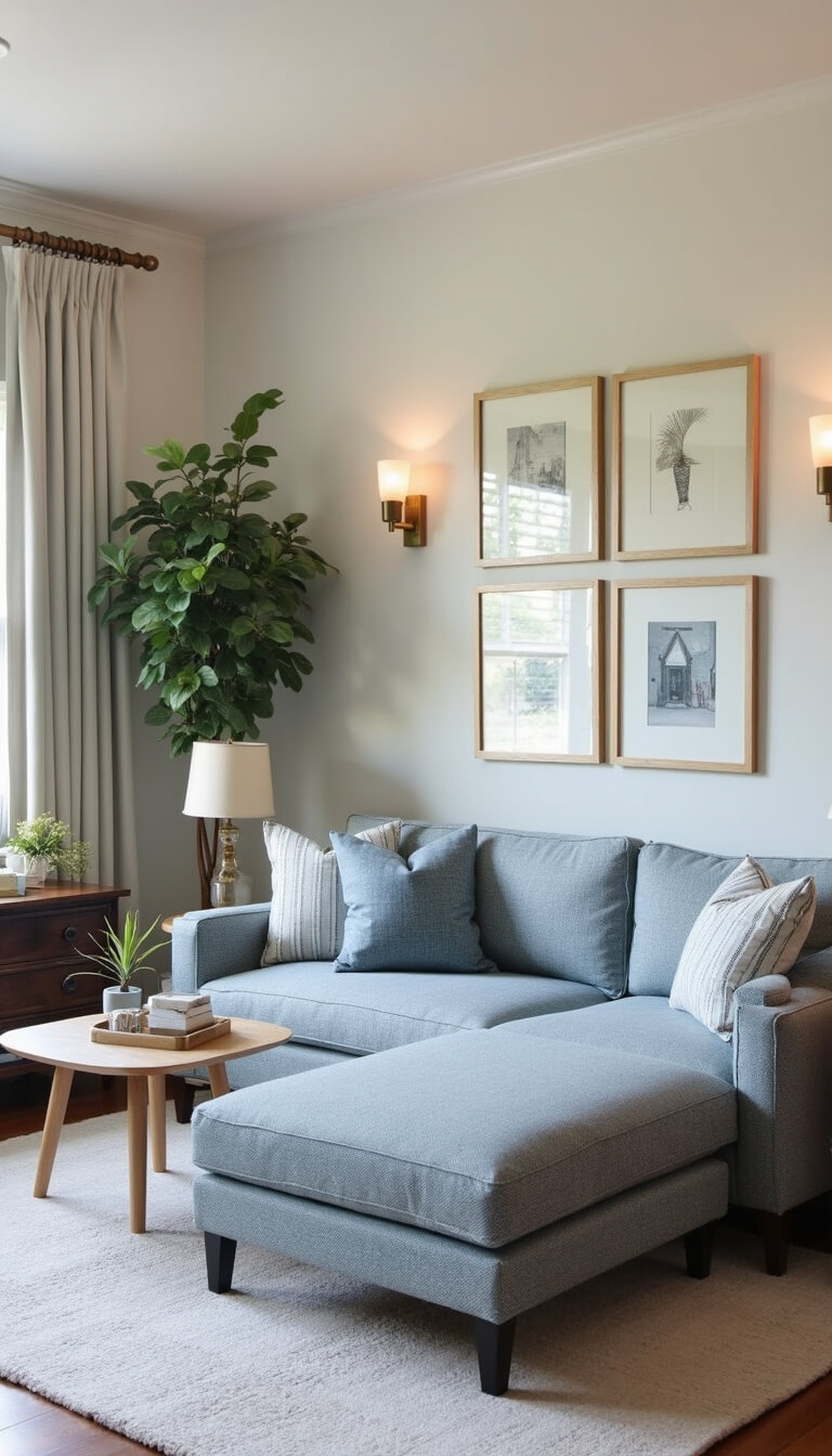 Compact living room corner with sectional sofa, gallery wall, floating credenza, and layered lighting in coastal color palette.