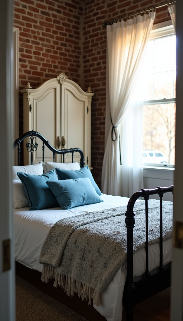 Sunrise in a cozy 12x12ft bedroom with wrought iron bed, exposed brick, vintage armoire, and layered textiles.