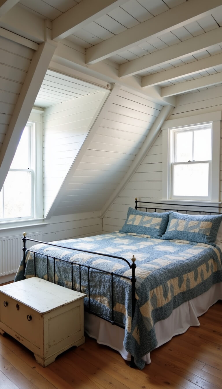 Attic bedroom with sloped ceilings, cast iron bed, vintage quilts, dormer windows, exposed beams, and painted wooden chest.