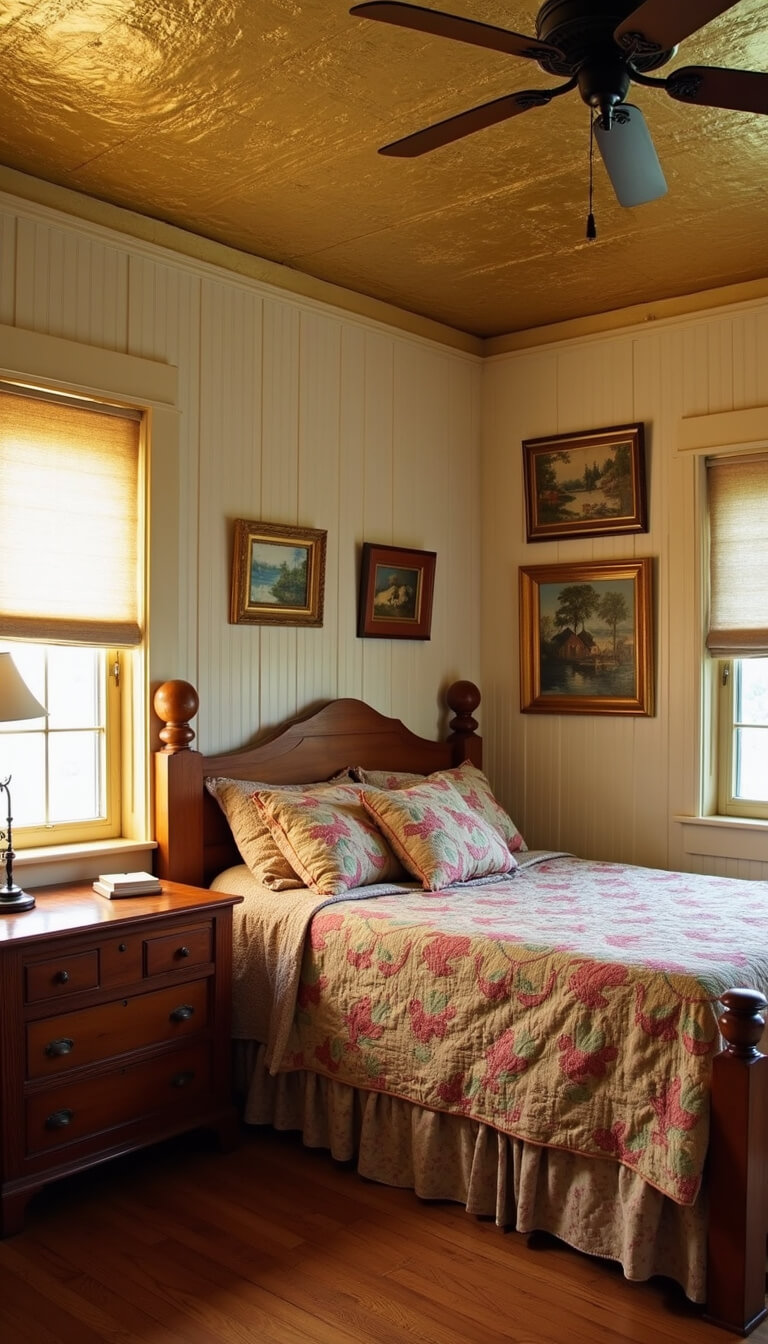 Inviting guest bedroom with honey pine Jenny Lind bed, homespun quilts, cream beadboard walls, tin ceiling, and gold-framed oil paintings at sunset.