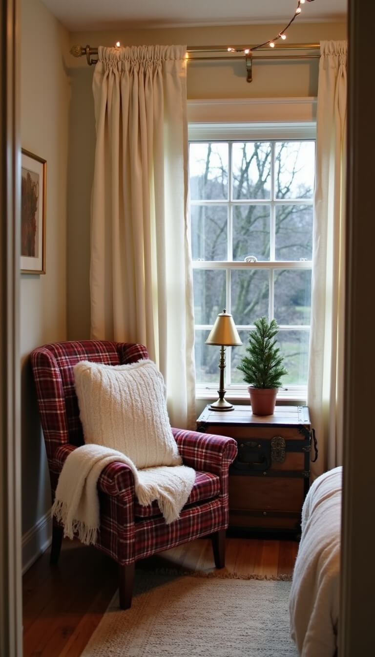 Cozy 10x12ft bedroom corner at blue hour with plaid reading chair by window, cream linen curtains, vintage trunk side table with brass lamp and potted Norfolk pine, ivory and cranberry textured accents, and warm string lights framing the window.