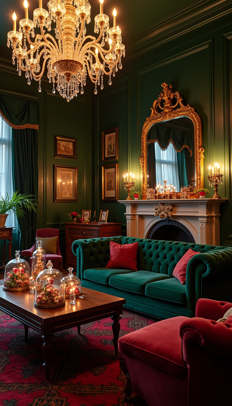 Victorian formal living room at midnight with crystal chandelier, emerald and ruby decor, velvet chesterfield sofa, glass cloches of vintage ornaments, gilt mirrors, and antique brass candelabras casting shadows.