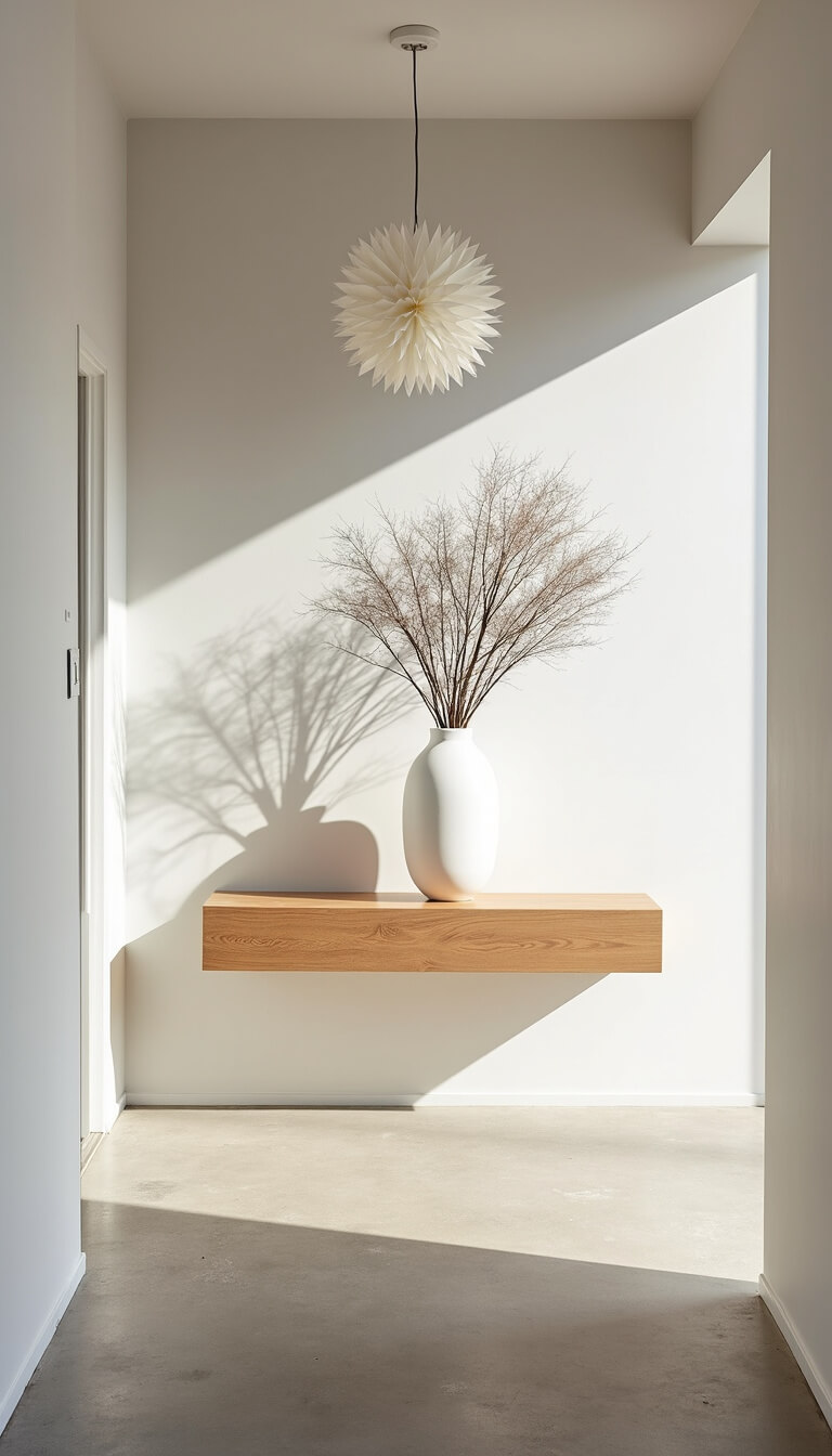 Minimalist entryway with floating bleached oak console, oversized white vase with pine branches, paper star pendant casting shadows, and concrete floor in morning light.