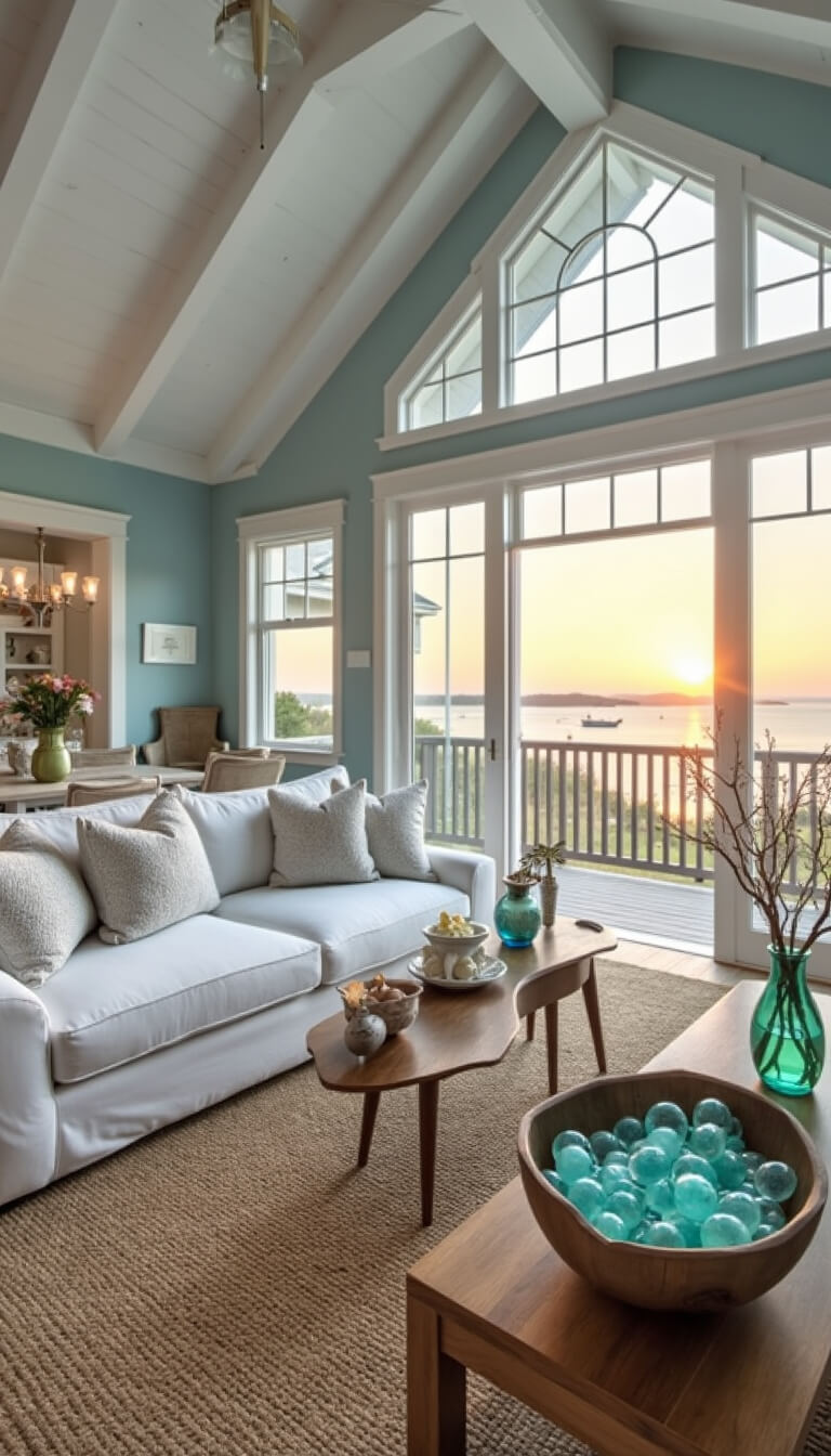 Coastal-themed great room at sunset with whitewashed wood ceiling, pale blue walls, white slipcovered furniture on natural fiber rug, starfish and rope garlands on banister, and aqua glass floats in wooden bowls.