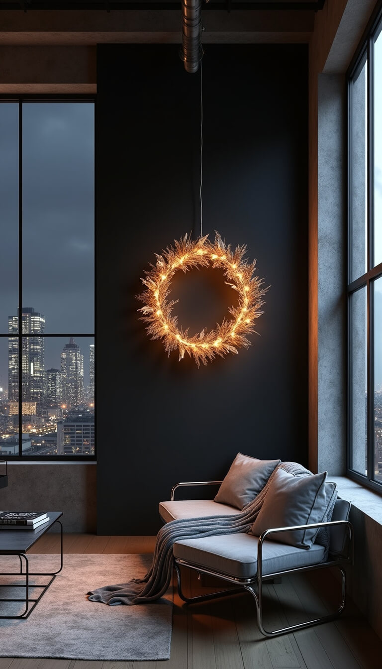 Modern loft at night with black accent wall, lunaria wreath, city lights through industrial windows, chrome and glass furniture, and LED starry light display.