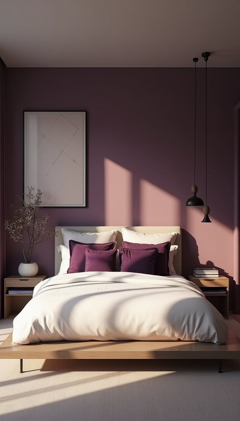 Sleek modern bedroom with floor-to-ceiling windows, aubergine accents, and geometric decor illuminated by golden hour sunlight.