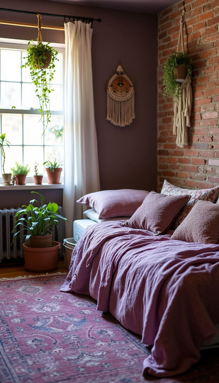 Cozy bohemian bedroom with dusty purple accent wall, layered bedding, hanging plants, and natural light through macramé curtains.