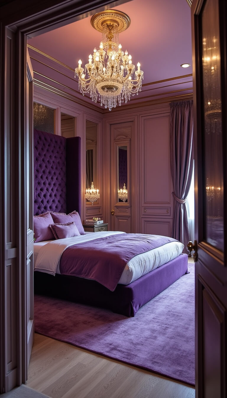 Opulent master bedroom featuring royal purple velvet headboard, crystal chandelier, gold details, and mirrored wardrobes under warm lighting.