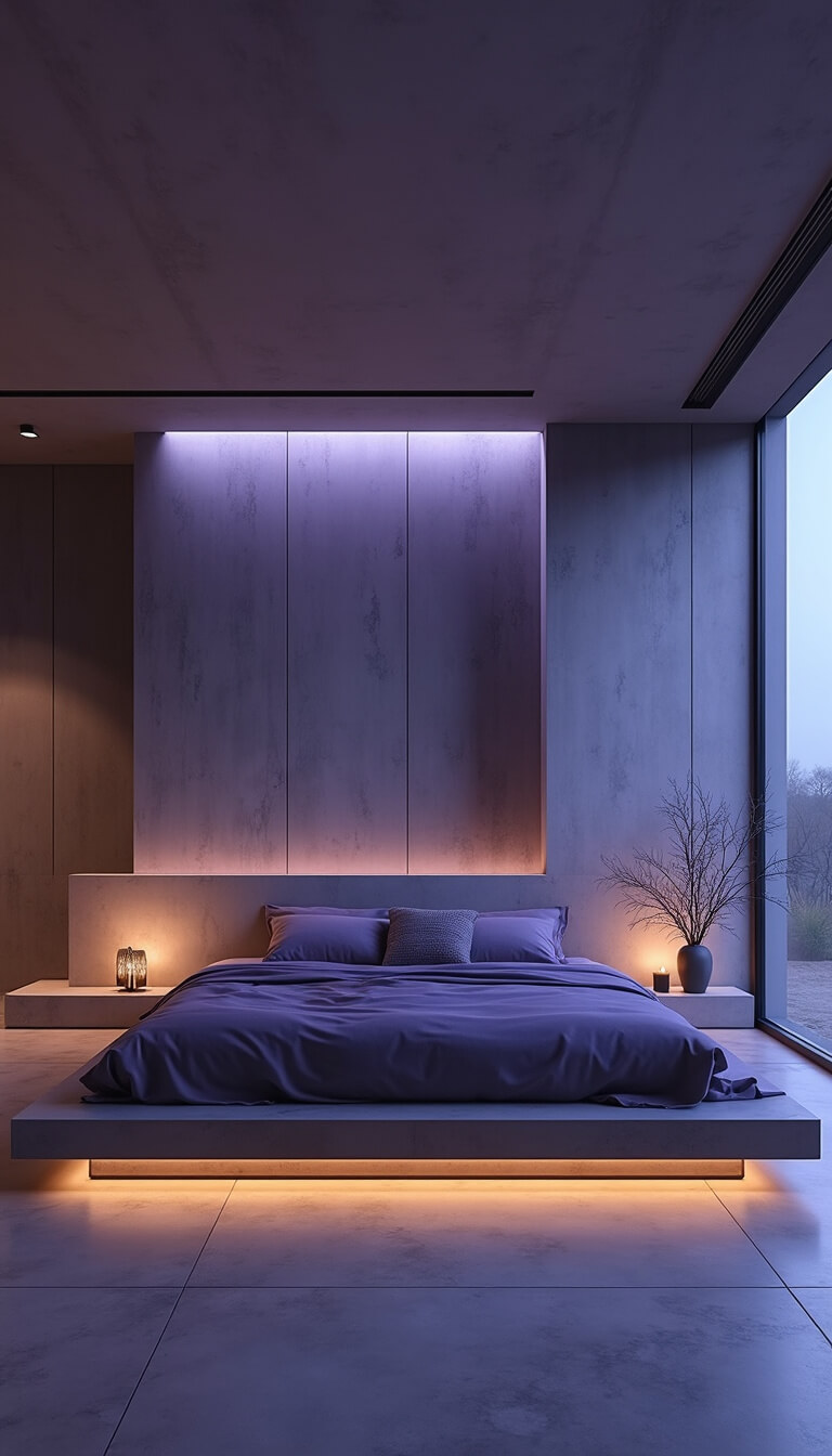 Minimalist bedroom with purple accents, floating wall panels, concrete walls, and twilight blue lighting through linear windows.