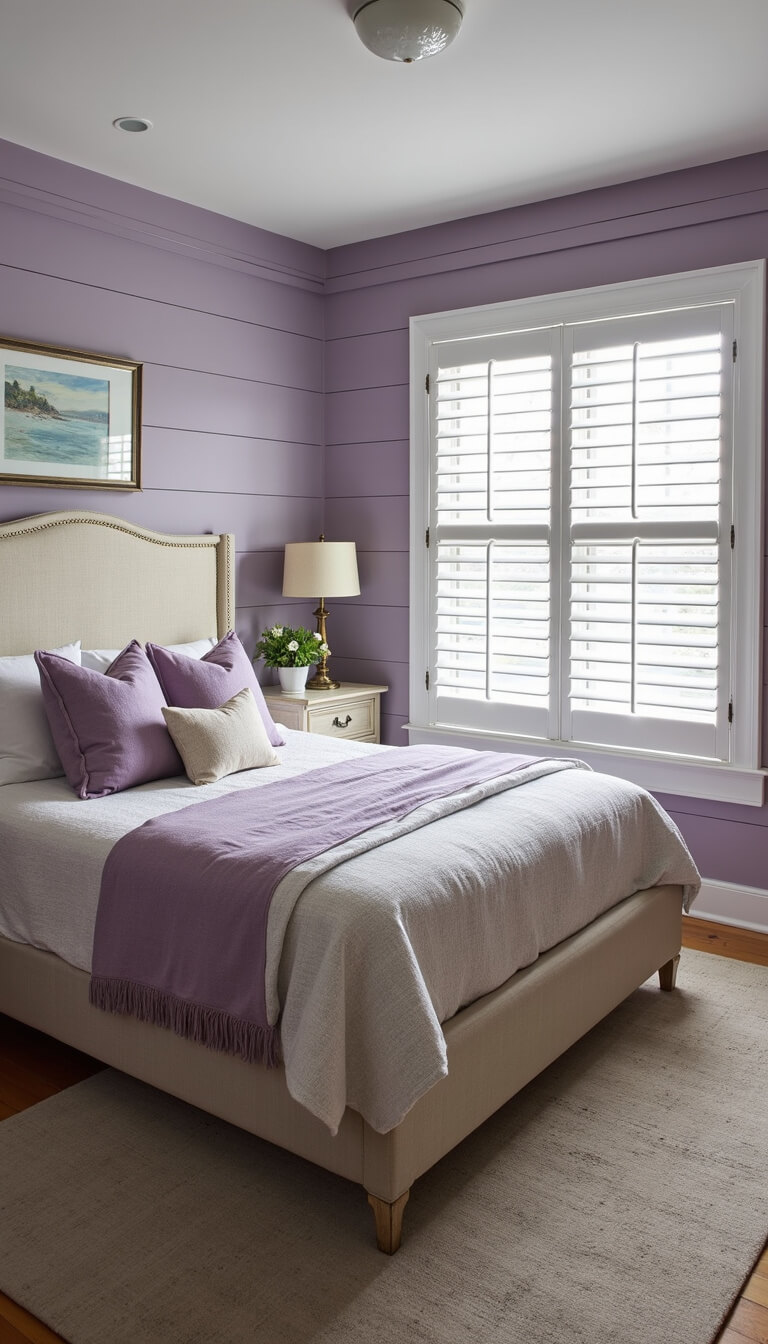 Coastal-inspired bedroom with pale purple-grey shiplap walls, beige upholstered queen bed with lavender pillows, weathered wood furniture, and white shutters filtering morning light.
