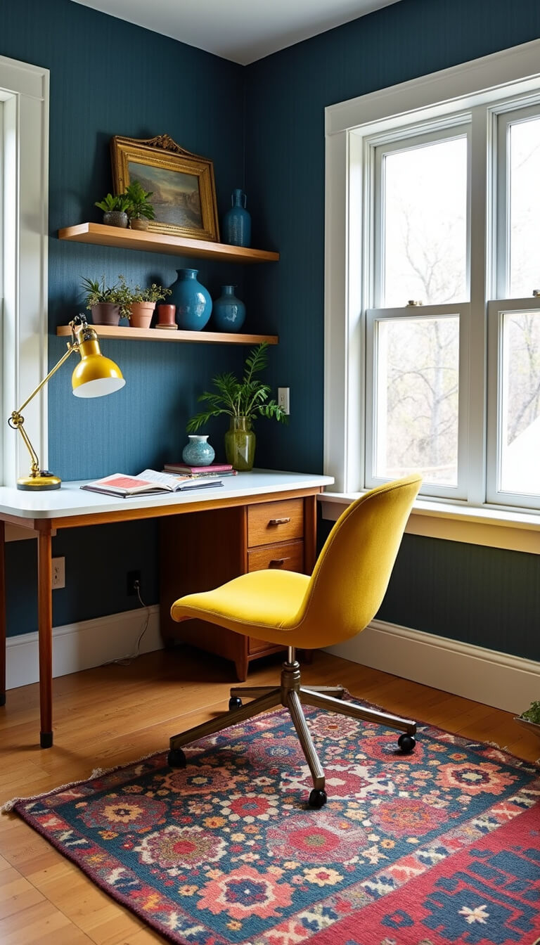 Bohemian sunroom office with mustard yellow chair, navy textured walls, layered kilim and sisal rugs, brass lamp, and ceramic decor on floating shelves.