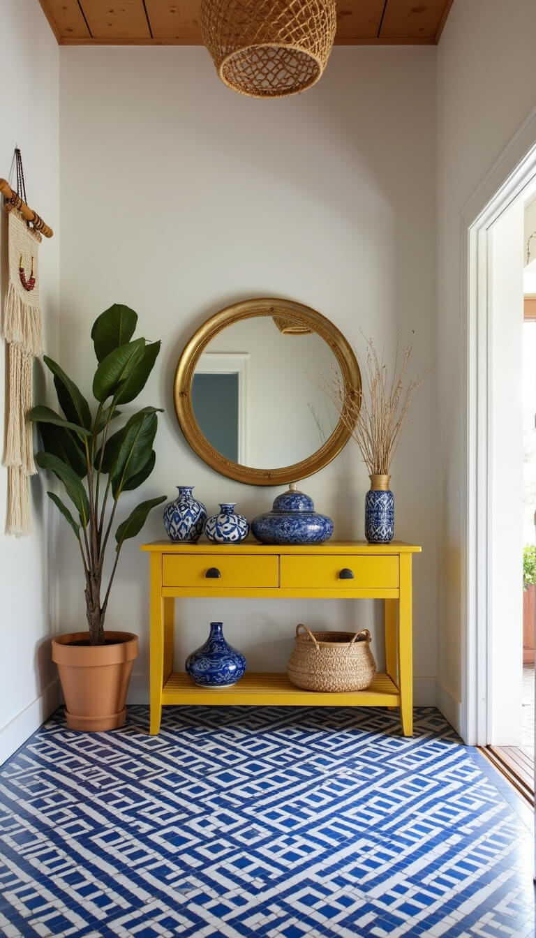 Eclectic entryway with blue Moroccan tile flooring, yellow vintage console, indigo pottery, brass mirror, macramé wall hanging, and woven baskets illuminated by natural light.