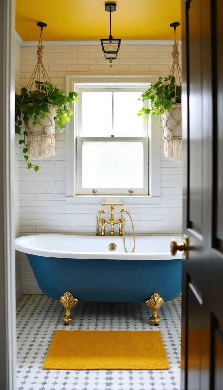 Bathroom featuring a deep blue clawfoot tub, yellow ceiling, brass fixtures, and hanging plants, viewed from the doorway.