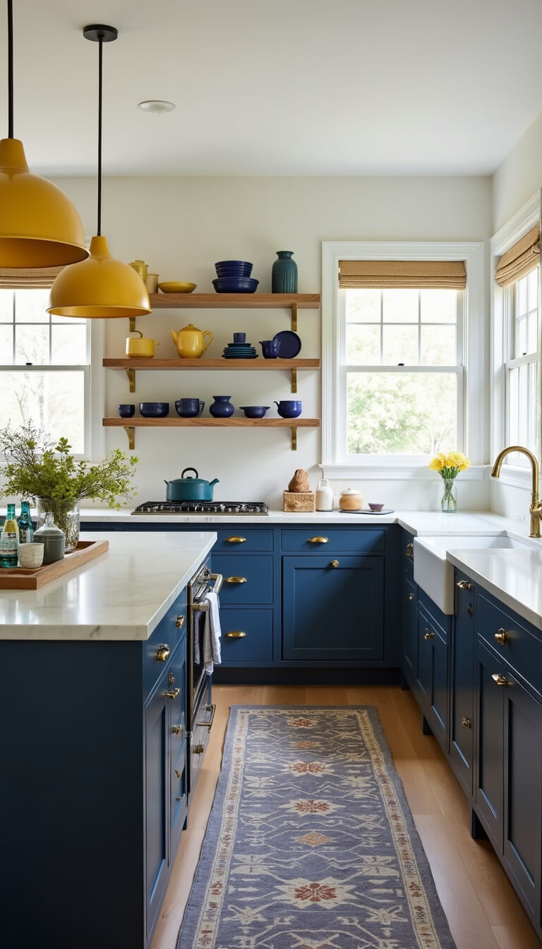 Navy kitchen with brass hardware, yellow pendant lights, open shelving displaying blue and yellow pottery, vintage geometric runner, and morning sunlight illuminating the island.