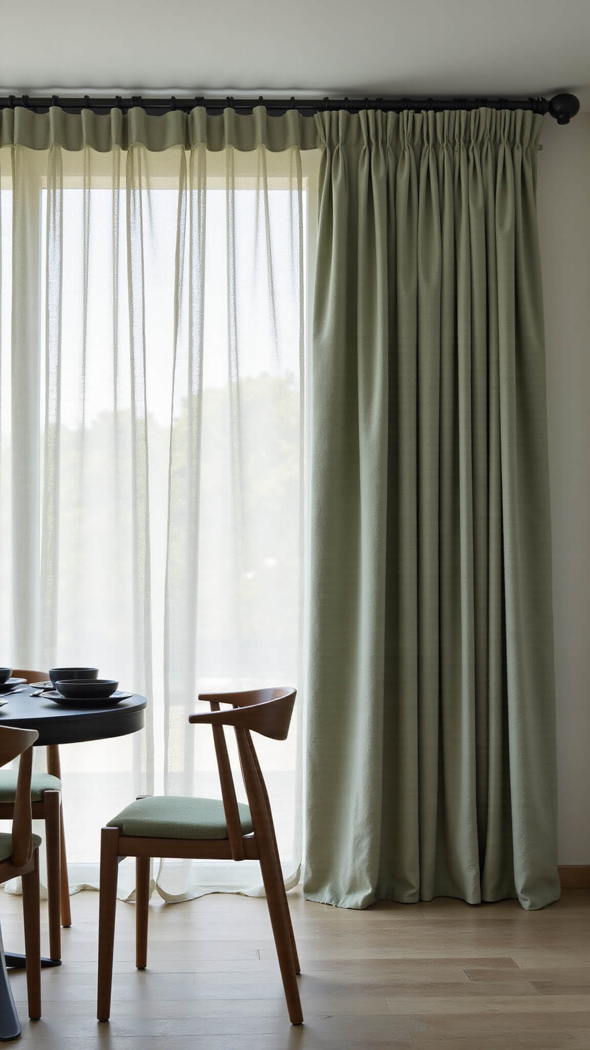 Contemporary open-plan space with pale sage Japandi curtain panels softly dividing areas; semi-transparent fabric casting gentle shadows; minimalist dining setup with black oak table and curved wooden chairs, featuring materials like blackened steel, natural oak, linen, and matte ceramics.