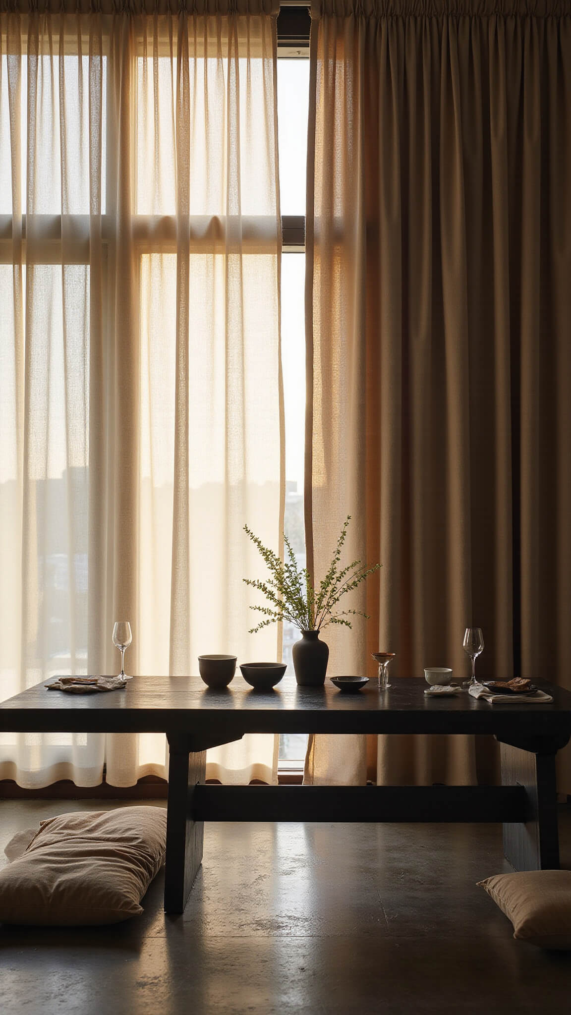 Japandi-style dining area with sheer and linen curtains, bathed in golden hour light, featuring a minimalist black table with floor cushions, ceramic tableware, and textured fabrics in warm neutral tones.